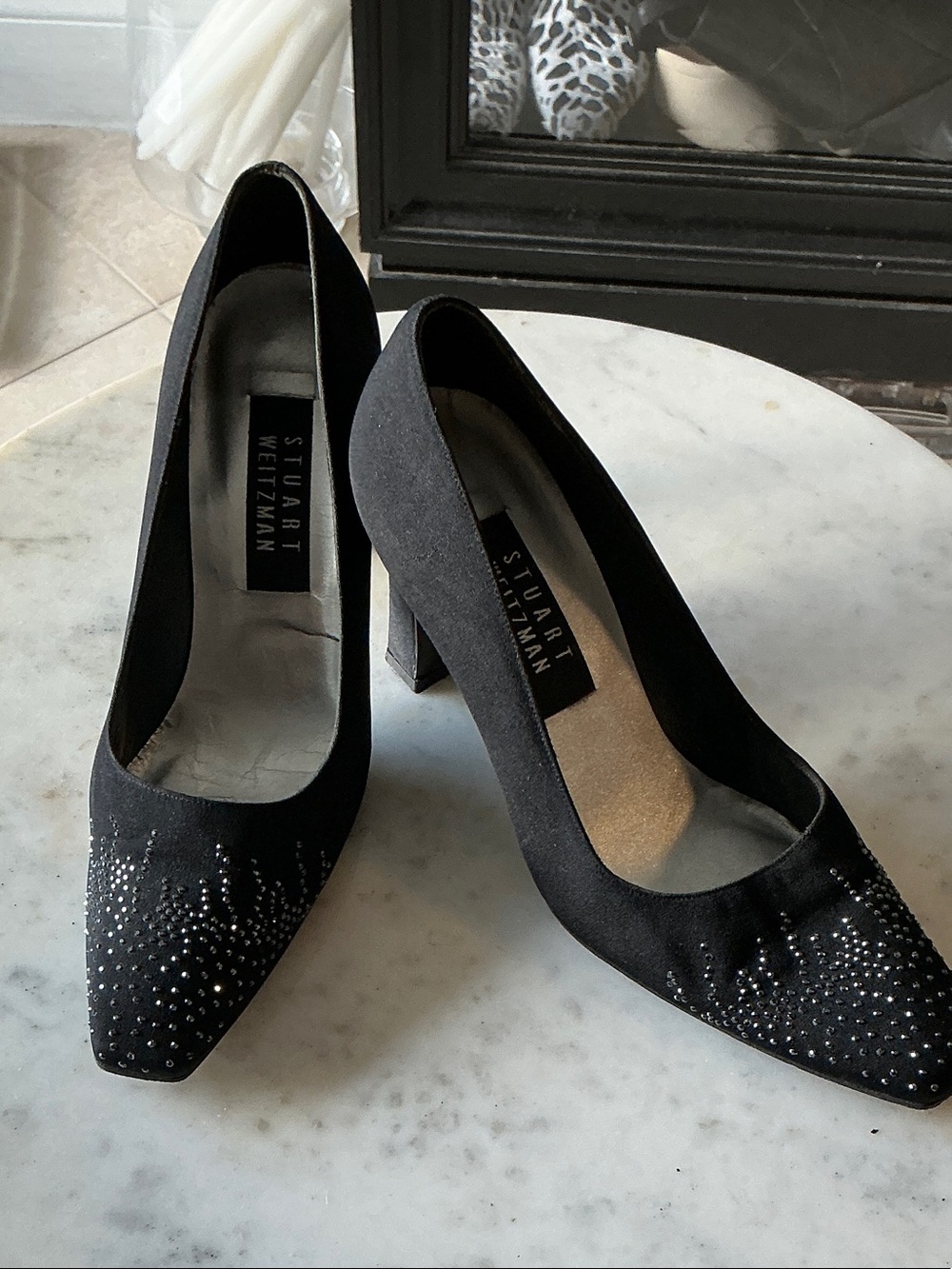 Stuart Weitzman Black Suede Crystal-Studded Block Heel Pumps